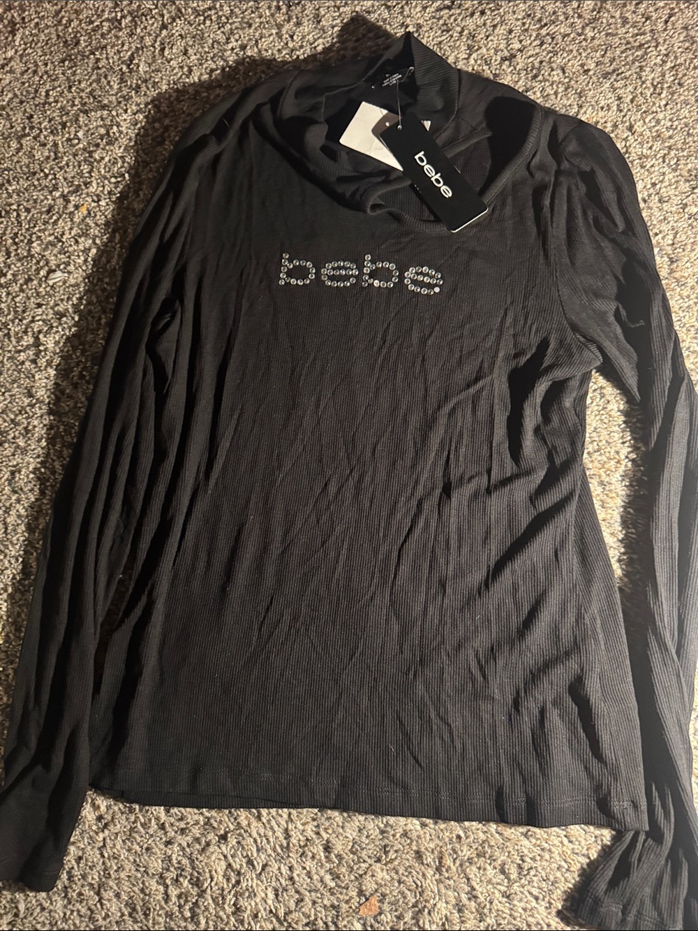 bebe Black Long Sleeve Rhinestone Logo Top
